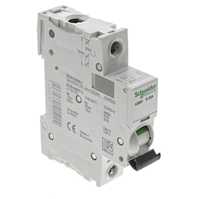Schneider Electric Acti 9 iC60H MCB, 1P, 20A Curve D, 100 → 133V AC, 72V DC, 10 kA Breaking Capacity
