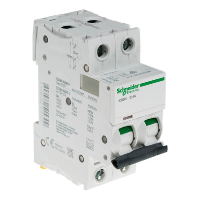 Schneider Electric Acti 9 iC60H MCB, 2P, 4A Curve D, 440V AC, 100 → 133V DC, 10 kA Breaking Capacity