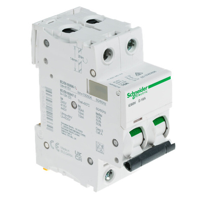 Schneider Electric Acti 9 iC60H MCB, 2P, 16A Curve D, 440V AC, 100 → 133V DC, 10 kA Breaking Capacity