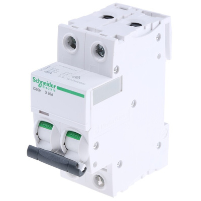 Schneider Electric Acti 9 iC60H MCB, 2P, 20A Curve D, 440V AC, 100 → 133V DC, 10 kA Breaking Capacity
