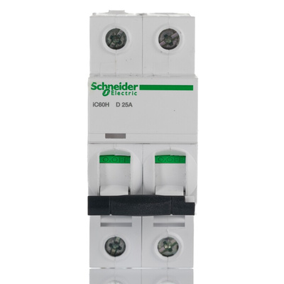 Schneider Electric Acti 9 iC60H MCB, 2P, 25A Curve D, 440V AC, 100 → 133V DC, 10 kA Breaking Capacity