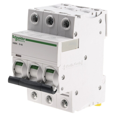 Schneider Electric Acti 9 iC60H MCB, 3P, 4A Curve D, 440V AC, 100 → 133V DC, 10 kA Breaking Capacity