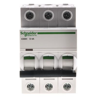 Schneider Electric Acti 9 iC60H MCB, 3P, 4A Curve D, 440V AC, 100 → 133V DC, 10 kA Breaking Capacity