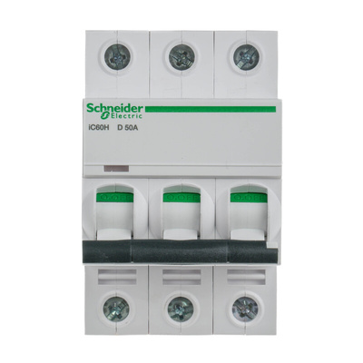 Schneider Electric Acti 9 iC60H MCB, 3P, 50A Curve D, 440V AC, 100 → 133V DC, 10 kA Breaking Capacity