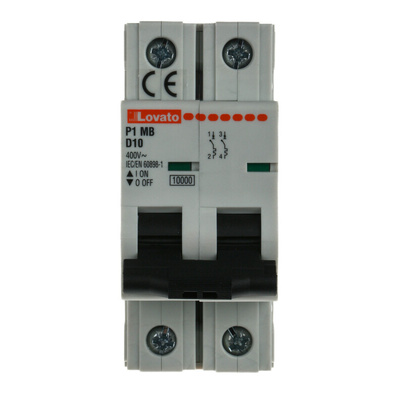 Lovato ModuLo P1MB MCB, 2P, 10A Curve D, 230V AC, 80V DC, 10 kA Breaking Capacity