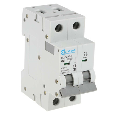 Europa EUC2P EUC MCB, 2P, 2A Curve C, 230V AC, 10 kA Breaking Capacity