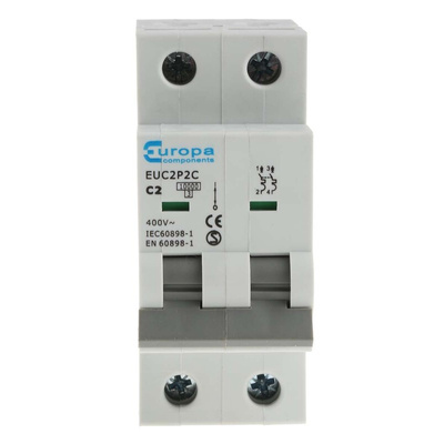 Europa EUC2P EUC MCB, 2P, 2A Curve C, 230V AC, 10 kA Breaking Capacity