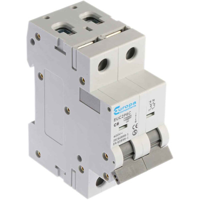 Europa EUC2P EUC MCB, 2P, 6A Curve C, 230V AC, 10 kA Breaking Capacity