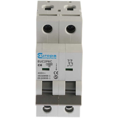 Europa EUC2P EUC MCB, 2P, 6A Curve C, 230V AC, 10 kA Breaking Capacity