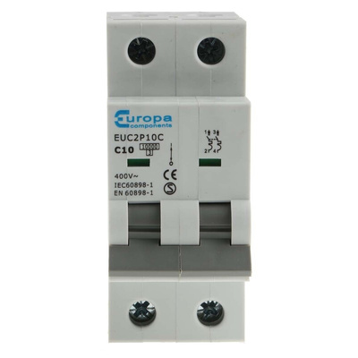 Europa EUC2P EUC MCB, 2P, 10A Curve C, 230V AC, 10 kA Breaking Capacity