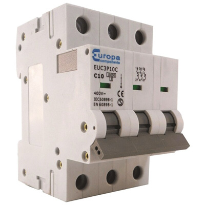 Europa EUC3P EUC MCB, 3P, 10A Curve C, 230V AC, 10 kA Breaking Capacity