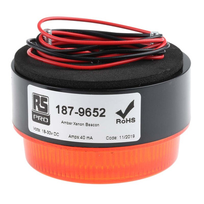 RS PRO Amber Flashing Beacon, 18 → 30 V dc, Stud Mount, Surface Mount, Xenon Bulb, IP67