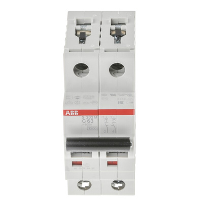 ABB System Pro M Compact S200M MCB, 2P, 63A Curve C, 440V AC, 125V DC, 10 kA Breaking Capacity