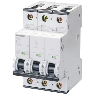 Siemens Sentron 5SY4 MCB, 3P, 16A Curve B, 400V AC, 10 kA Breaking Capacity