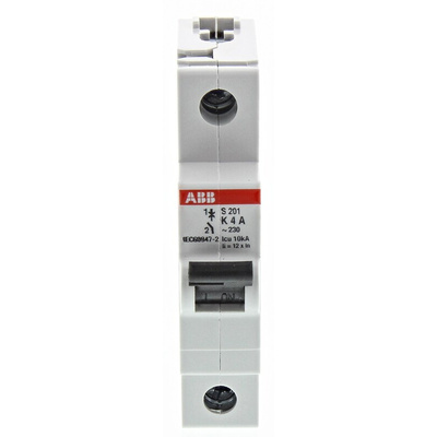 ABB System Pro M Compact S200 MCB, 1P, 4A Curve K, 253V AC, 72V DC, 6 kA Breaking Capacity