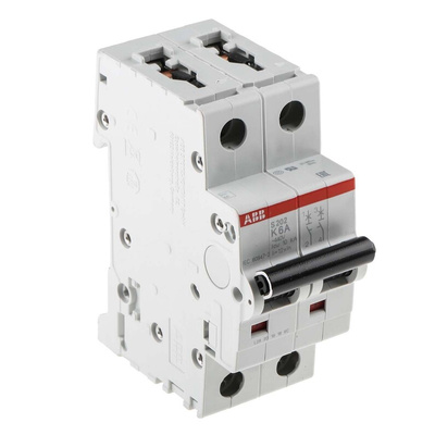 ABB System Pro M Compact S200 MCB, 2P, 6A Curve K, 400V AC, 125V DC, 6 kA Breaking Capacity