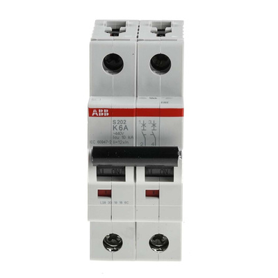 ABB System Pro M Compact S200 MCB, 2P, 6A Curve K, 400V AC, 125V DC, 6 kA Breaking Capacity