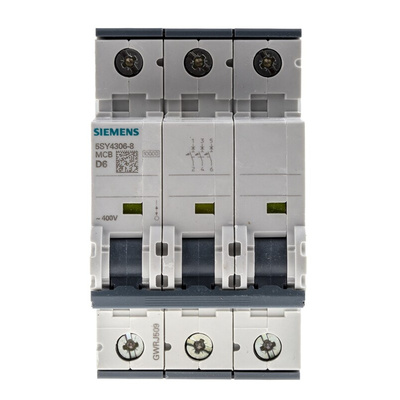 Siemens Sentron 5SY4 MCB, 3P, 6A Curve D, 400V AC, 10 kA Breaking Capacity