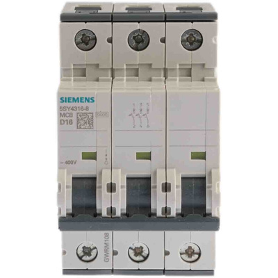Siemens Sentron 5SY4 MCB, 3P, 16A Curve D, 400V AC, 10 kA Breaking Capacity