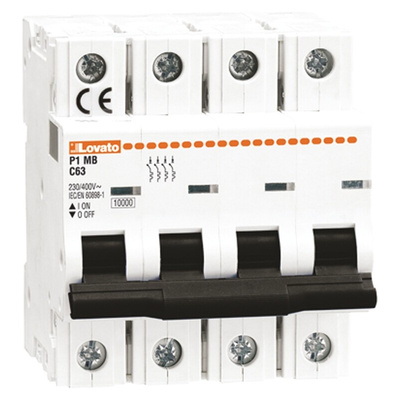 Lovato ModuLo P1MB MCB, 4P, 25A Curve B, 230V AC, 10 kA Breaking Capacity