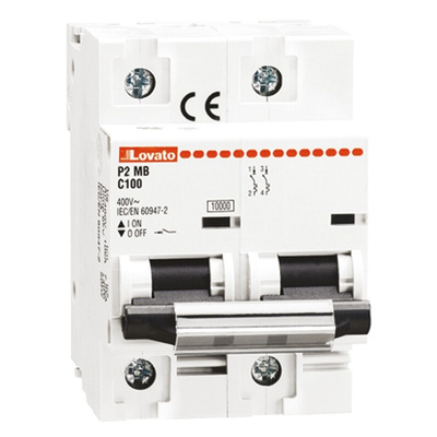 Lovato ModuLo P2MB MCB, 2P, 80A Curve C, 230V AC, 60V DC, 10 kA Breaking Capacity