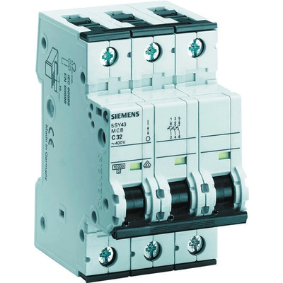 Siemens Sentron 5SY4 MCB, 3P, 300mA Curve C, 400V AC, 10 kA Breaking Capacity
