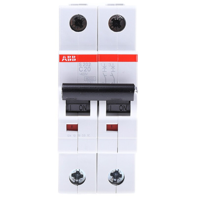 ABB System Pro M Compact S200 MCB, 2P, 20A Curve C, 400V AC, 125V DC, 6 kA Breaking Capacity