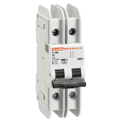 Lovato MCB, 2P, 2A Curve C, 400V AC, 125V DC, 10 kA Breaking Capacity