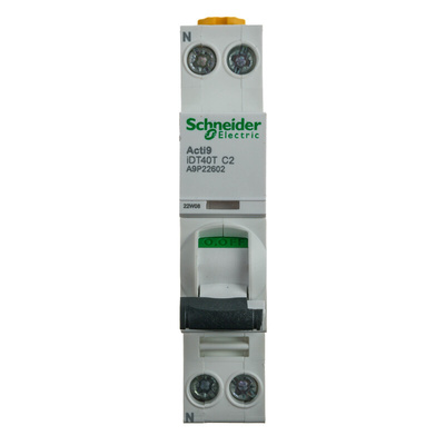 Schneider Electric Acti 9 Acti9 iDT40T MCB, 1P+N, 2A Curve C, 230V AC, 6 kA Breaking Capacity