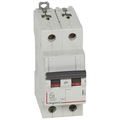 Legrand DX3 Circuit Breaker, 2P, 6A Curve D, 400V AC, 10 kA Breaking Capacity