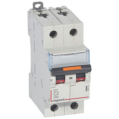 Legrand DX3 Circuit Breaker, 2P, 2A Curve C, 400V AC, 25 kA Breaking Capacity