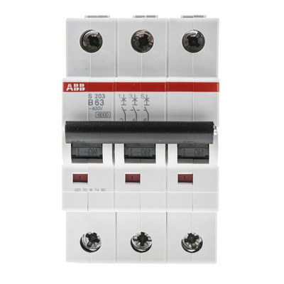 ABB System Pro M Compact S200 MCB, 3P, 63A Curve B, 400V AC, 6 kA Breaking Capacity