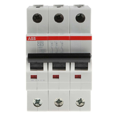 ABB System Pro M Compact S200 MCB, 3P, 63A Curve C, 400V AC, 12V DC, 6 kA Breaking Capacity