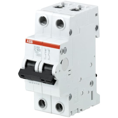 ABB System Pro M Compact S200 MCB, 2P, 100A Curve C, 440V AC, 110V DC, 6 kA Breaking Capacity
