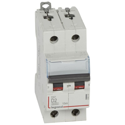 Legrand DX3 Circuit Breaker, 2P, 2A Curve D, 400V AC, 10 kA Breaking Capacity