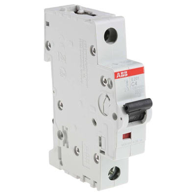 ABB System Pro M Compact S200 MCB, 1P, 4A Curve C, 253V AC, 72V DC, 6 kA Breaking Capacity