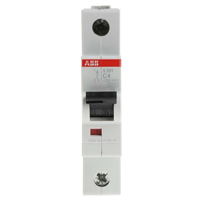 ABB System Pro M Compact S200 MCB, 1P, 4A Curve C, 253V AC, 72V DC, 6 kA Breaking Capacity