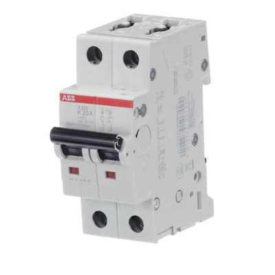 ABB System Pro M Compact S200 MCB, 2P, 20A Curve K, 400V AC, 125V DC, 6 kA Breaking Capacity