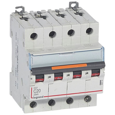 Legrand DX3 Circuit Breaker, 4P, 20A Curve C, 400V AC, 25 kA Breaking Capacity