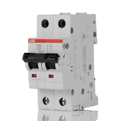 ABB System Pro M Compact S200 MCB, 2P, 63A Curve C, 440V AC, 125V DC, 6 kA Breaking Capacity