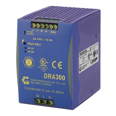 Chinfa DRA300 DIN Rail Power Supply with Auto Select Input Voltage, Self Components Design 90 → 264V ac Input