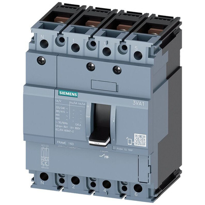 Siemens, SENTRON MCCB Molded Case Circuit Breaker 4P 100A, Breaking Capacity 25 kA, DIN Rail Mount
