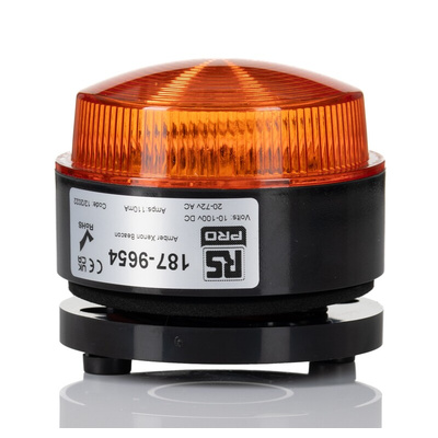 RS PRO Amber Flashing Beacon, 10 → 100 V dc, 20 → 72 V ac, Stud Mount, Surface Mount, Xenon Bulb, IP67