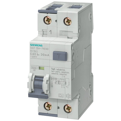 Siemens RCBO, 6A Current Rating, 2P Poles, Type AC, Sentron Range
