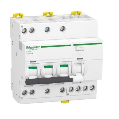 Schneider Electric RCBO, 25A Current Rating, 3P+N Poles, 30mA Trip Sensitivity, Type C, Acti9 Range