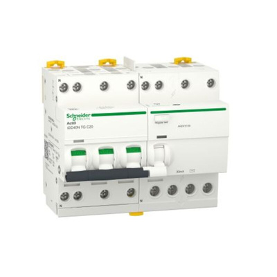 Schneider Electric RCBO, 20A Current Rating, 3P+N Poles, 30mA Trip Sensitivity, Type C, Acti9 Range