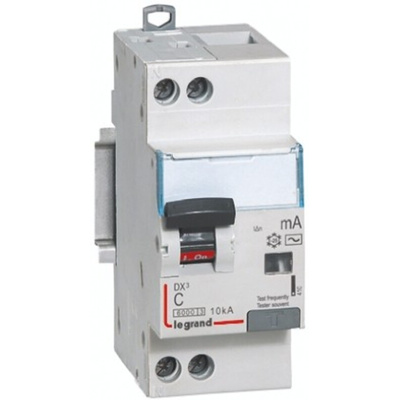 Legrand RCD Switch, 20A Current Rating, 1P+N Poles, 30mA Trip Sensitivity, Type C, DX Range