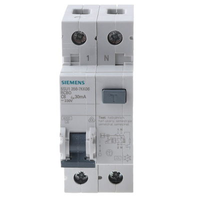 Siemens RCBO, 6A Current Rating, 1P+N Poles, 30mA Trip Sensitivity, Type C, Sentron Range