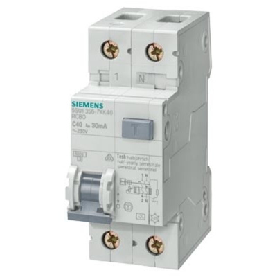 Siemens RCBO, 6A Current Rating, 1P+N Poles, 30mA Trip Sensitivity, Type C, Sentron Range