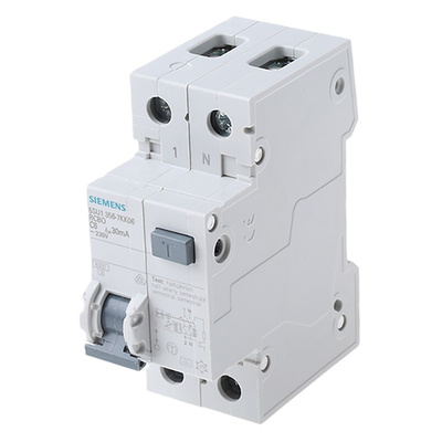 Siemens RCBO, 6A Current Rating, 1P+N Poles, 30mA Trip Sensitivity, Type C, Sentron Range